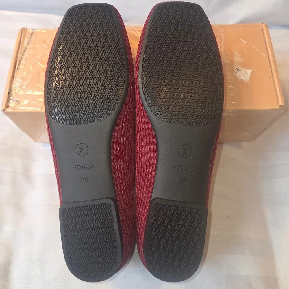 Vivaia Margot 2.0 Sparkle Burgundy Square Toe Knit Flats EU 39 Us 8
